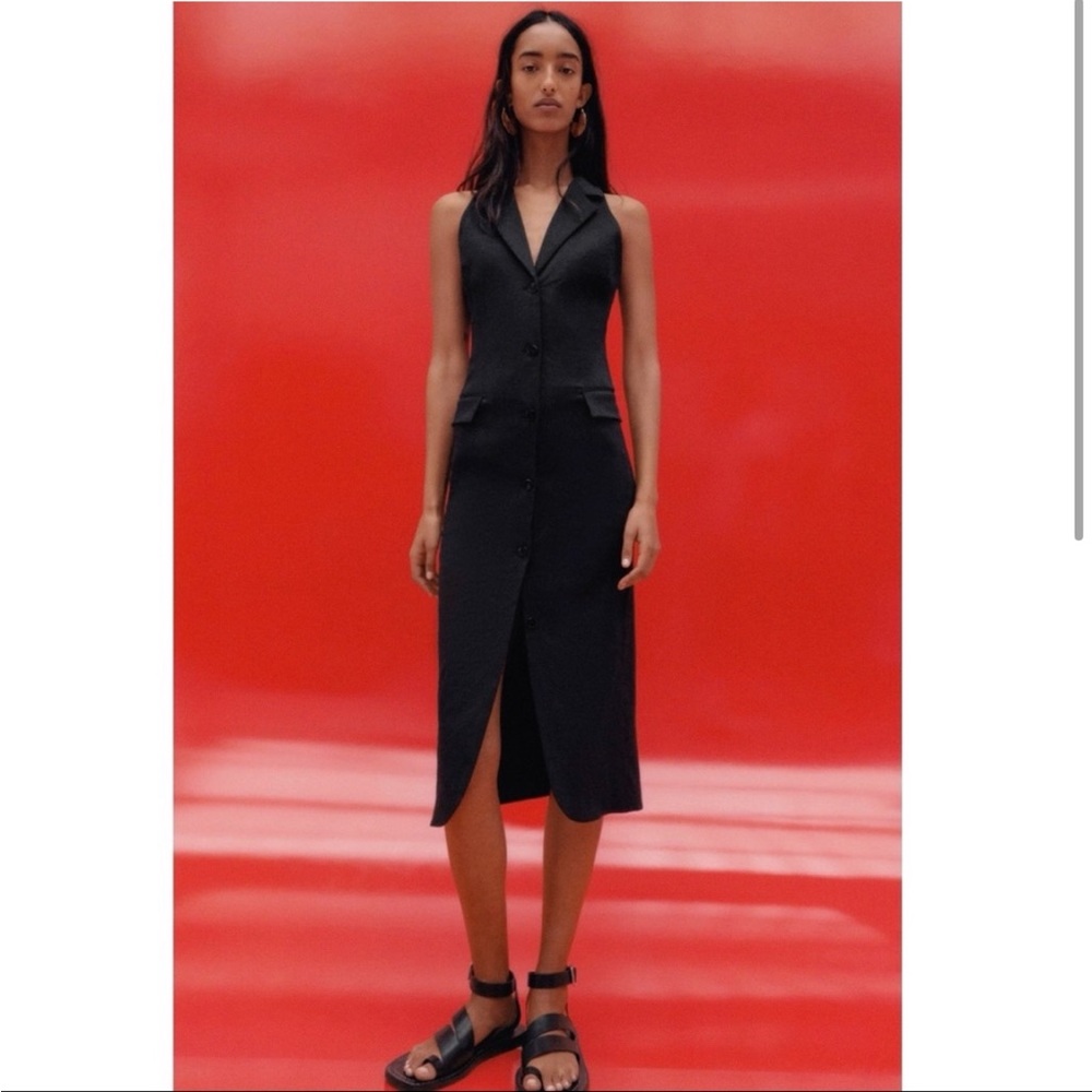Zara Black Linen Sleeveless Vest Midi Dress - Picture 2 of 11